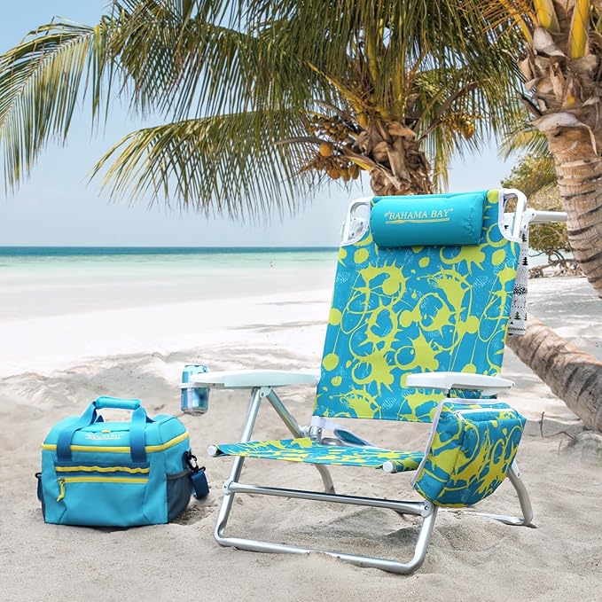 Old Bahama Bay Backpack Beach Chair Aluminum Lightweight Reclining 5-Position Lounge Chair for Adults Heavy Duty Support 400 LBS Portable Folding with Cooler Bag Camping Chair for Sand Outdoor