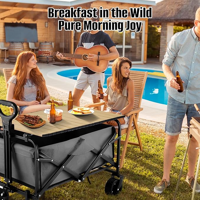 Metal Tabletop Board for Wagons CartFoldable Table 34×21 Heavy Duty for WagonAlloy Board with Load Capacity 68LBSCamping Essential and Gear for Outdoor Party with Family and Friends(Khaki)