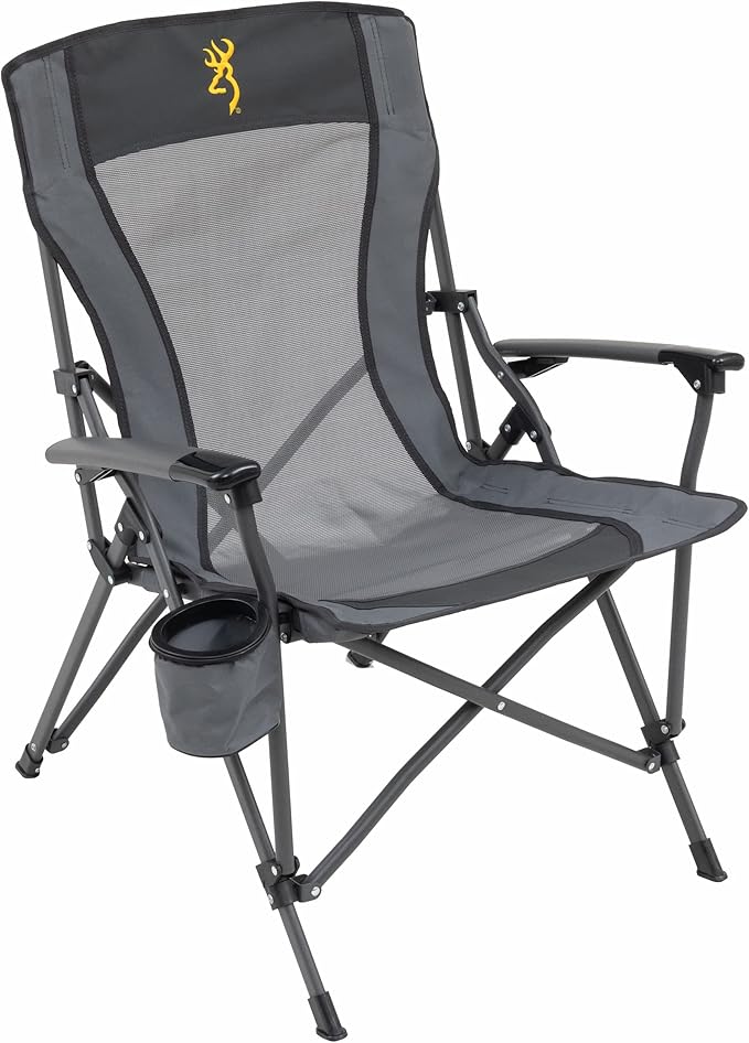 Browning Folding Camping Chairs for Adults - Durable Mesh Fabric Over Sturdy Powder Coated Steel Frame Armrests Cup Holder and Shoulder Carry Bag