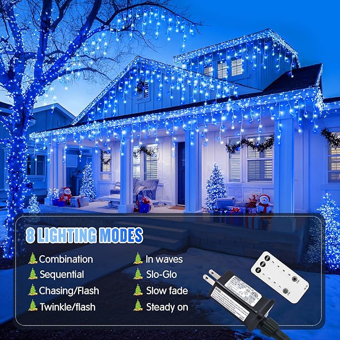 JMEXSUSS Blue&ampWhite Icicle Lights - 38.8FT 400 LED Icicle String Lights with Remote for Indoor/Outdoor House Bedroom Fireplace Birthday Christmas Decorations