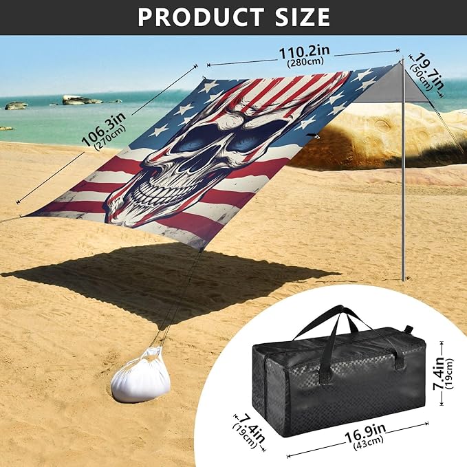 ALAZA American Flag Skull Beach Tent Sun Shelter UPF50+ Protection Beach Shade Canopy w/ 4 Sandbags for Outdoor Camping Fishing Backyard Fun Picnic 10x9 ft