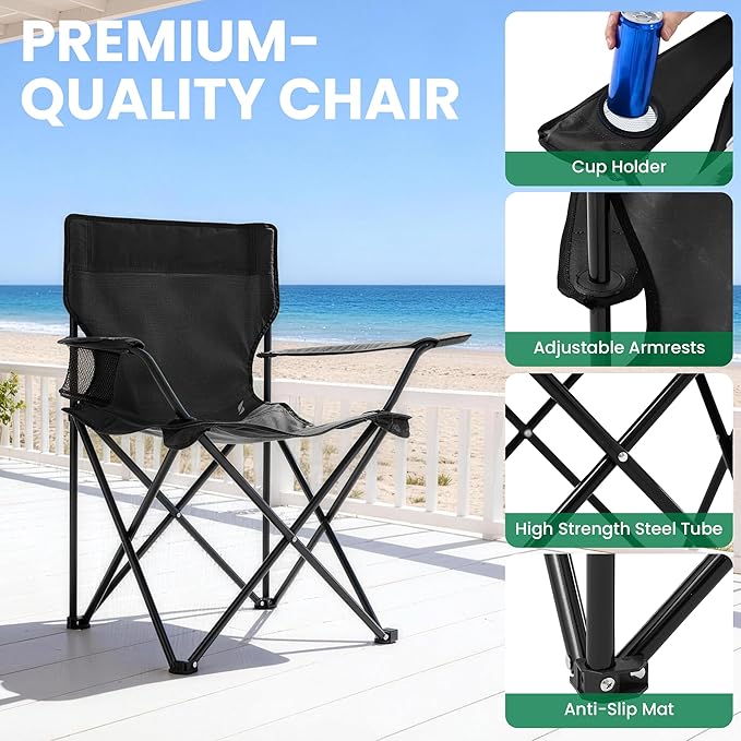 Folding Camping Chairs 2 Pack for Adults 300LBS Capacity Foldable Portable Lawn Chairs with Carry Bag Compact Design for Camp Beach Picnics and Outdoor (Black)