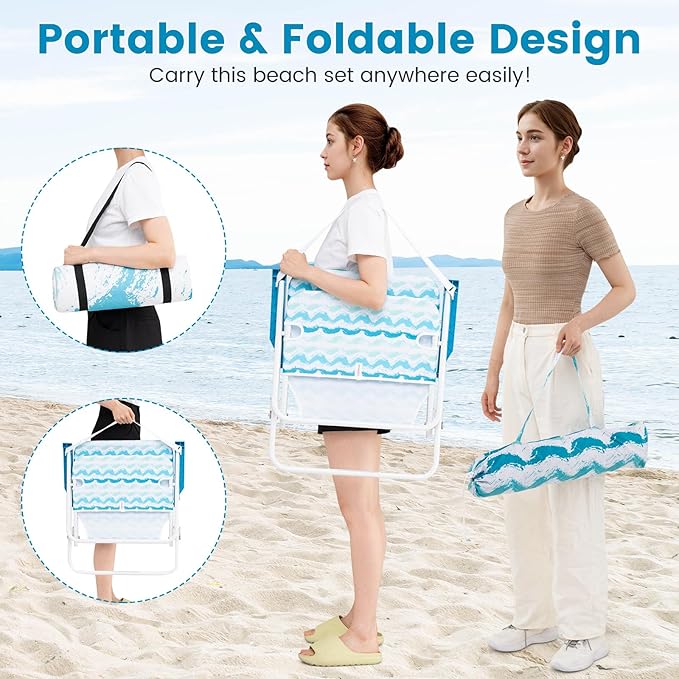 GYMAX Beach Chair with Umbrella Set of 4 Including 2 Folding Chairs Blanket Adjustable Parasol &amp Carry Bag Camping Chairs with Sunshade for Beach Patio Poolside Deck Lawn Picnic