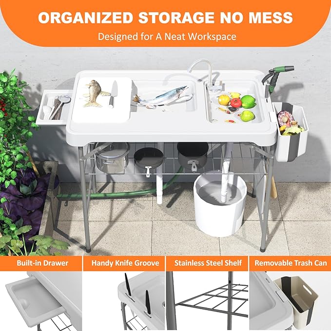 Folding Fish Cleaning Table with 2 Sinks 42.5'' Portable Camping Sink Table with Foldable Faucet Drainage Hose Sprayer Storage BoxDrawer &amp Grooves Outdoor Fillet Station for Picnic White