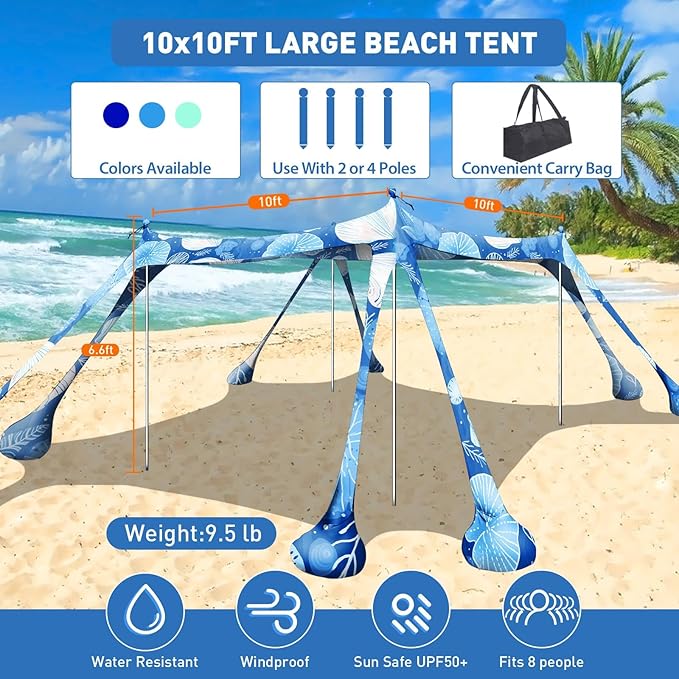 Beach Tent Sun Shelter 10x10ft Beach Canopy Easy Pop Up Sun Shade Portable UPF50+ with 8 Sandbags-2 Sand Shovel-4 Aluminum Poles-Ground Pegs for Outdoor Family Camping Fishing Backyard Picnic
