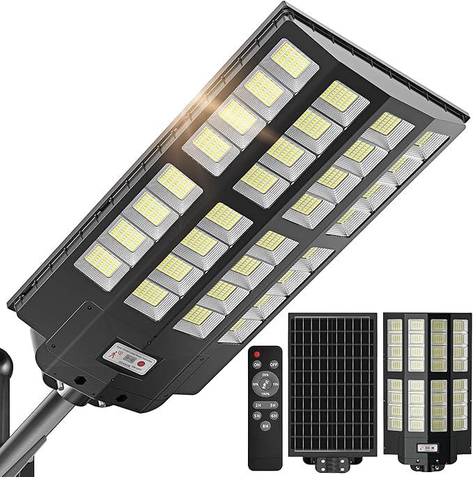 8000W Solar Lights Outdoor Waterproof 7000K Solar Street Light Motion Sensor 450000LM Solar Security Light IP66 Waterproof Solar Street Lights Outdoor Dusk to Dawn for Parking Lot Yard Farm