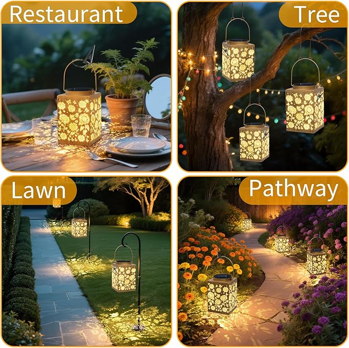 2 Pack Solar Lanterns - Waterproof Metal Hanging Solar Lights Outdoor Decorative Solar Powered LED Lamp for Patio Tabletop Porch Deck Yard Garden Decor for Outside (Sunflower)