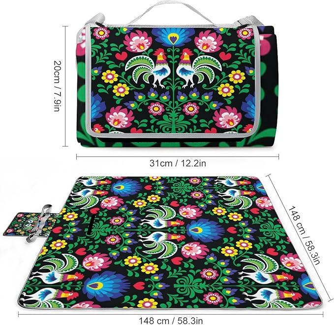 Seamless-polish-folk-art-pattern-with-roosters-vector-6083637 Waterproof Outdoor Picnic Blanket Sandproof Beach Mat for Camping Hiking Grass Travelling