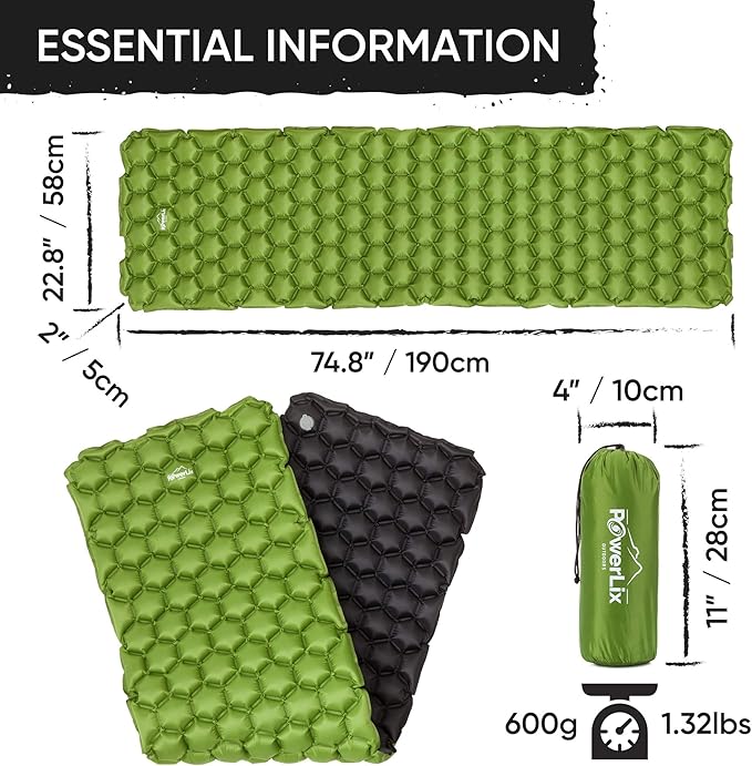 POWERLIX Ultralight Inflatable Camping Sleeping Pad - Camping Mattress Sleeping Mat for Backpacking Hiking Compact Lightweight Sleeping Pad for Camping Inflation Bag/Repair Kit Included