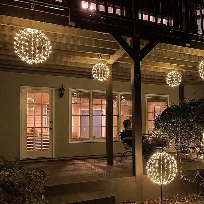 LIGHTSHARE 12IN 96LED Light Ball Yard Decoration Pathway Lights Sphere Light with Fold Flat Metal Frame Indoor Outdoor Waterproof Garden Lights Plug in