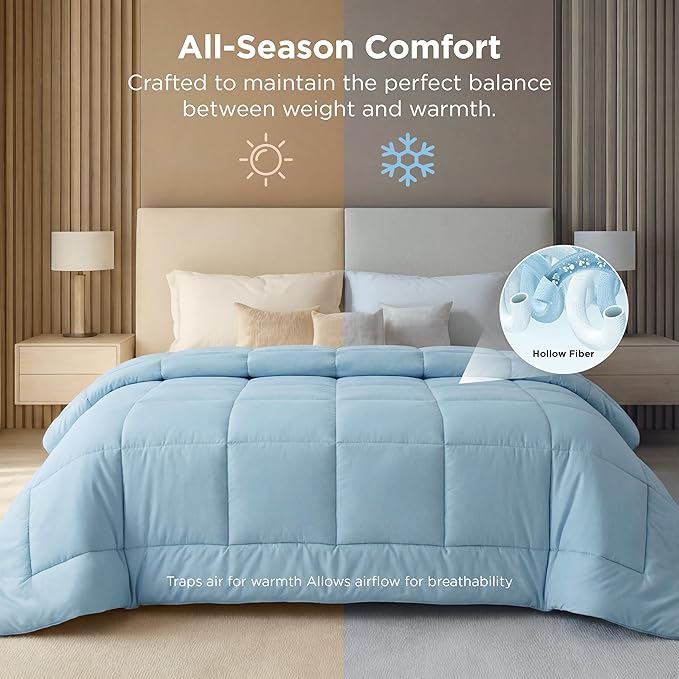Bedsure Comforter Duvet Insert - Quilted Comforters Oversize Queen All Season Duvet GentleSoft Down Alternative Bedding with 8 Tabs Gifts for Women/Men Light Spa Blue Oversize Queen 98x98Inches