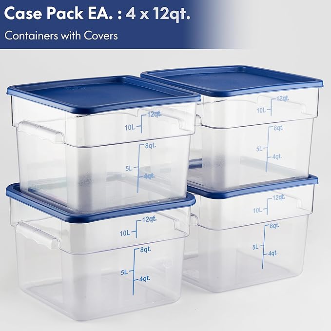 CURTA 4 Pack Food Storage Containers with Blue Lids - NSF Listed Commercial Grade in 12.0 Qt - Square Clear Polycarbonate