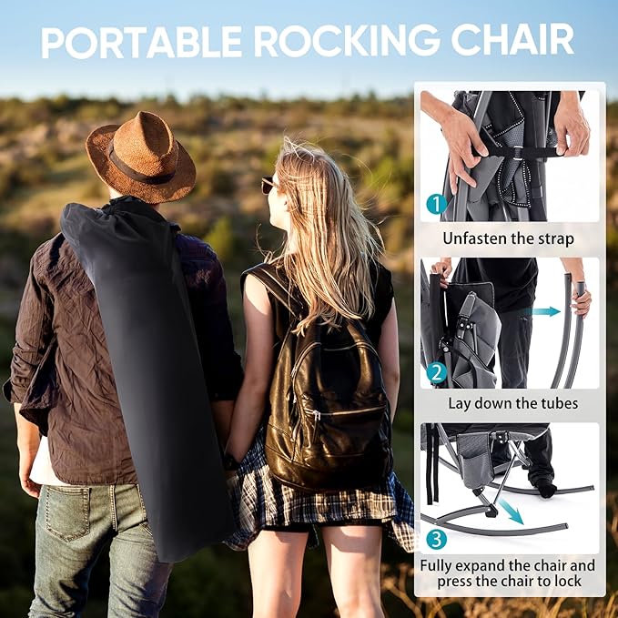 Oversized Folding Rocking Camping Chair Outdoor Portable Rocker Chair with Hard Armrest for Adults Heavy Duty Foldable Rocking Chairs for Outside Patio Lawn Supports up to 400 Lbs Gray