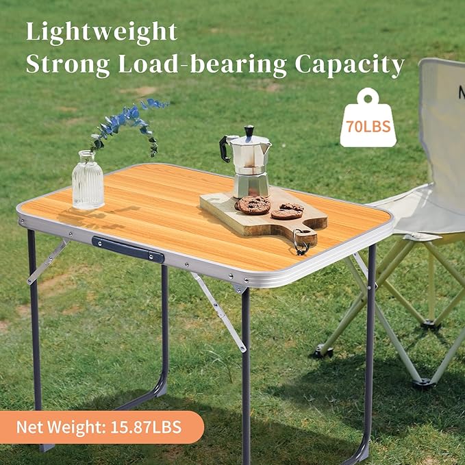 Folding Camping Table2.3FT Aluminum Folding Picnic TableHeavy Duty Utility TableIndoor Outdoor Portable Lightweight with Carrying Handlefor BackyardPicnicPartyBBQ (Wood Grain)