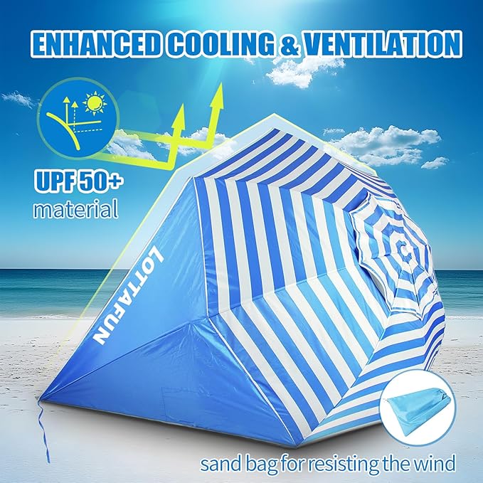 Beach Shelter Umbrella Premiere UPF 50+ Umbrella Shelter for Sun and Rain Protection for Adult (10-FootBlue Stripe)