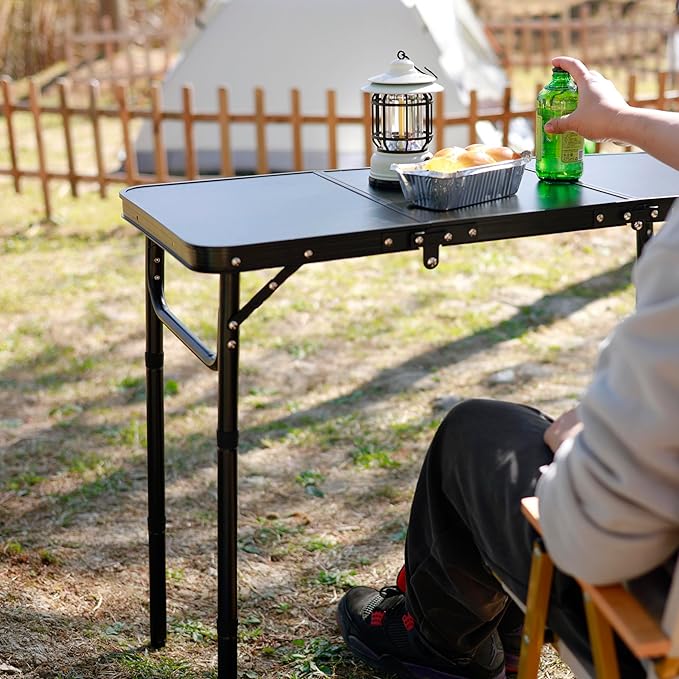 Portable Folding Camping Table Lightweight Aluminum Outdoor Picnic Table with Adjustable Height Compact &amp Sturdy Kid Table for Camping Hiking Backyard Beach Black