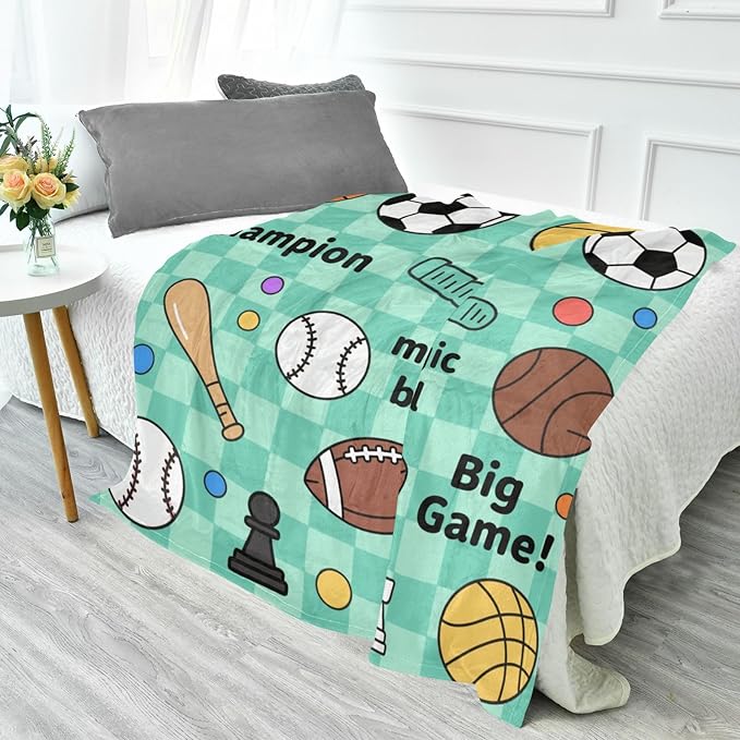 Large Cozy Blanket Balls Goal Green Blue Checkered Pattern Sofa Throws 50x70 Inches