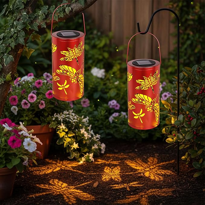 12.8 Large Size 2-Pack Outdoor Solar Lanterns Waterproof Metal Dragonfly Patterns Garden Decor Gifts for Women Mom Grandma Hanging Solar Lanterns for Outside Yard Patio Backyard Porch
