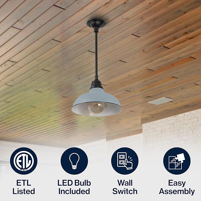 JONATHAN Y 12.25 Matte Silver 1-Light Blue Farmhouse Indoor/Outdoor LED Pendant Iron Hanging Light and Black Metal Shade Rustic Ceiling Lamp for Kitchen Island LED Bulb Included (JYL7611K)
