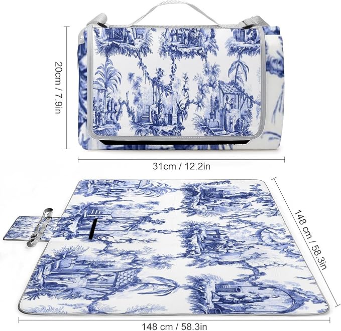 Blue and White Chinese Style Chinoiserie Folk Waterproof Outdoor Picnic Blanket Sandproof Beach Mat for Camping Hiking Grass Travelling
