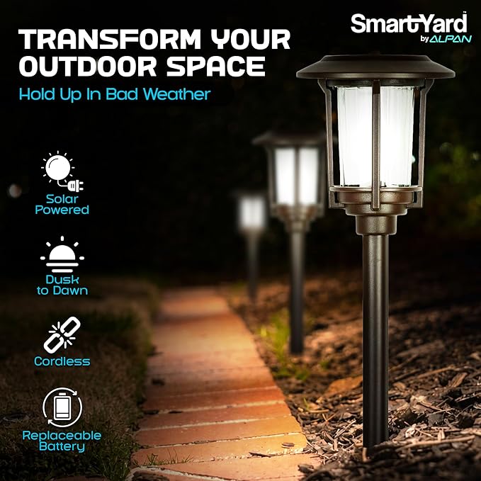 Solar Pathway Lights – Pack of 6 6 Lumens Warm White LED Bronze Finish Durable Die-Cast Aluminum &amp Stainless Steel with Glass Lens Outdoor Garden Lighting LED Solar Pathway Lights