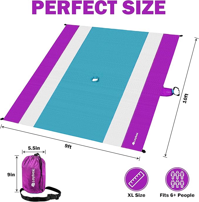 Purple Water-Resistant Sandproof 10x9ft Beach Blanket With Umbrella Hole–Beach Mat Compact and Lightweight Stuff Sack 4 Stakes Sand Pockets Works with Beach Canopies Umbrellas Kids Tent