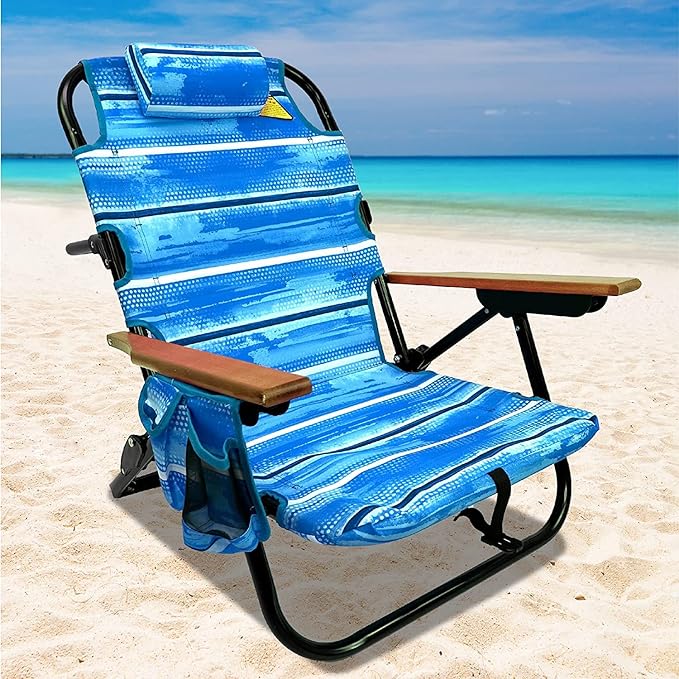 EasyGo Product Backpack Beach Chair 5 Positions and Cup Holder Pouch on Side Padded Pillow Storage Bag on Back Lightweight Rustproof Aluminum Black Frame - 2 Pack Beach Blue