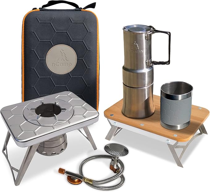 nCamp Kitchen to Go 5 Piece Bundle Portable Compact Multi-Fuel Burning Camping Stove ISO Propane Adapter Elevated Bamboo Cutting Board Prep Surface Cafe Coffee Maker Carrying Bag For Camping