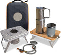 nCamp Kitchen to Go 5 Piece Bundle Portable Compact Multi-Fuel Burning Camping Stove ISO Propane Adapter Elevated Bamboo Cutting Board Prep Surface Cafe Coffee Maker Carrying Bag For Camping