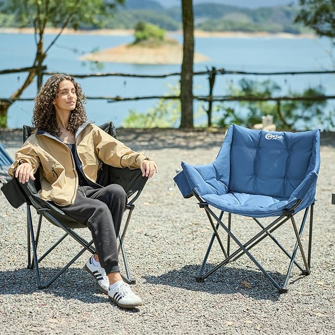 Portal Oversized Padded Camping Chair - Heavy Duty Folding Chair with Cup Holder &amp Side Pocket Supports 350 lbs for Camping Lawn Sports Blue