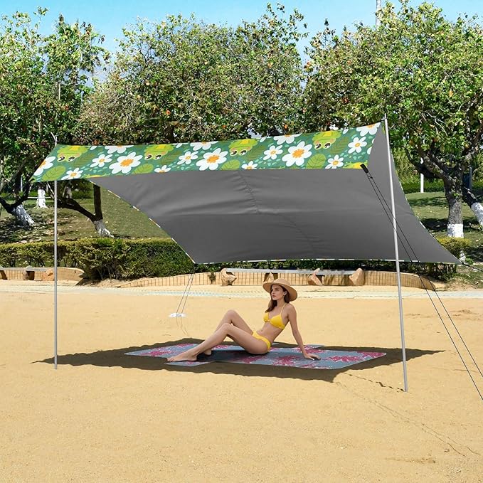 Camping Sun Shelters Cute Frog Flower with Leaf Background Beach Canopy 126 * 110.2in