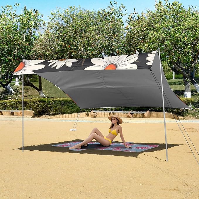 Daisy Flower Pattern Beach Tent Sun Shelter 9.2' x 10.5' Beach Canopy with 4 Sandbags 4 Stability Poles Sand Shovels - Tent Canopy for Beach Camping Fishing Picnics