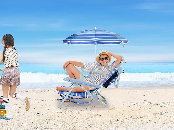 Kids Beach Chair Blue Striped 5-Position Reclining Aluminum Frame Backpack-Foldable Umbrella with Sand Anchor Cup Holder Storage Pocket Perfect for Kids (1-Pack)