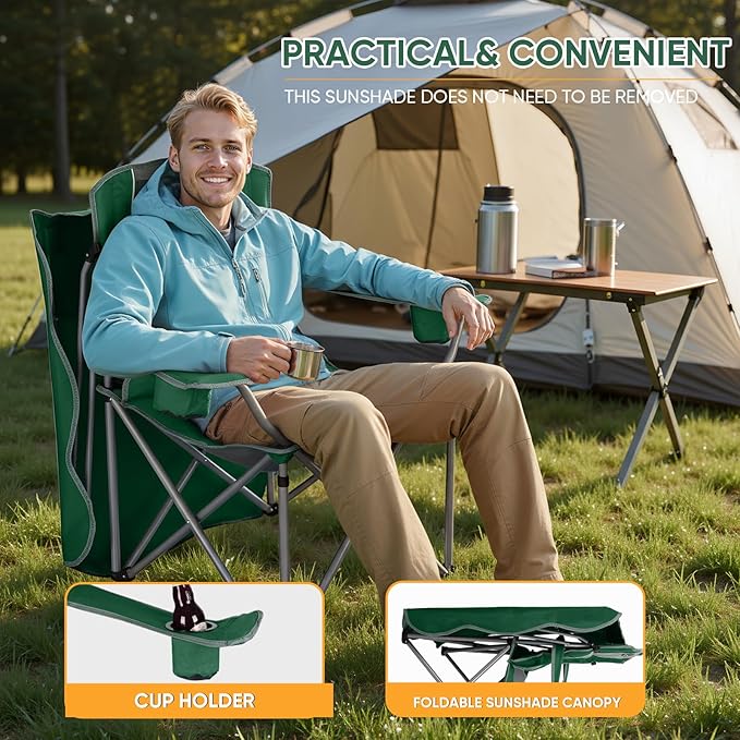 Northroad Folding Camping Chairs with Canopy Shade Beach Chair w/Cup Holders Armrests &amp Carry Bag for Outdoors Travel Sports Fishing Green