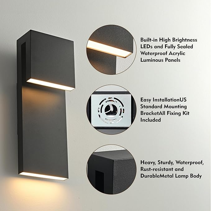 Modern LED Large Outdoor Wall Light 3000K 28W IP65 Waterproof Integrated LED Outdoor Wall Sconce Anti Rust Black Porch Lights Exterior Lighting Outside Lights Fixture for GarageBalconyBackyard 1PACK