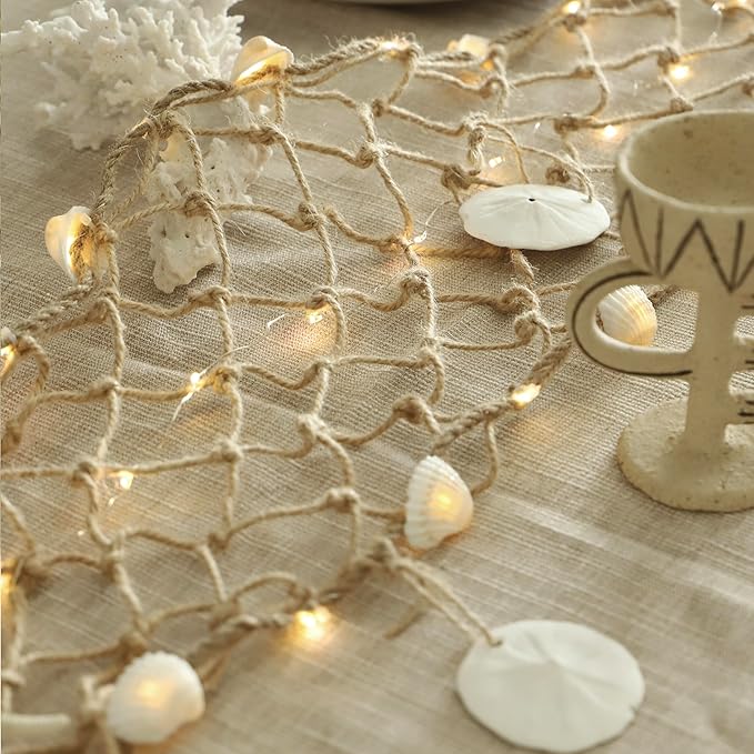 Seashell Garland 6.0FT (Length) × 0.5FT (Height) Rectangular Net Lights Beach Decor USB Battery Operated Ocean Light with Real Starfish Sand Dollars - Magic Conch Shell Beach Decorations for Home