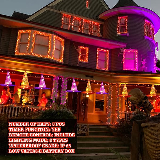 DAZZLE BRIGHT 8 Pcs Hanging Witch Hat String Lights Light Up Waterproof Halloween Decorations with Remote Control for Outdoor Garden Party Carnival Supplies Decor (2 Pack)