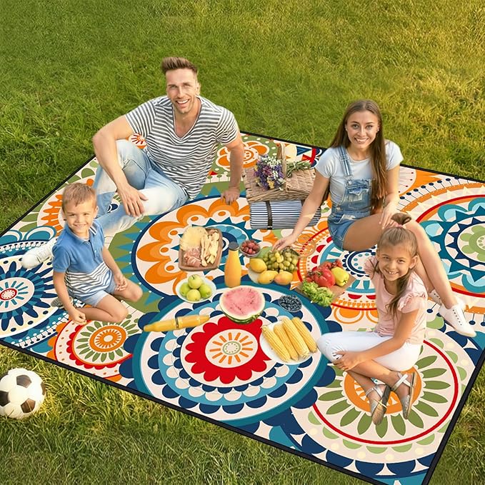 Boho Picnic Blankets Waterproof Foldable 60″X80″Packable Picnic Mat Geometric Outdoor Blanket for Grass Colorful Large Beach Blanket Sandproof Picnic Accessories for Camping Music Festival Park Lawn