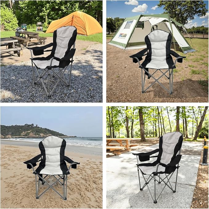 Wild Scape Oversized Folding Camping Chair for Adults Foldable Beach Chairs with Cup Holder Cooler Pocket Storage Bag Heavy Duty Portable Fishing Chair for Outdoor Garden Picnic Grey &amp Blac