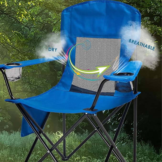 Outdoor Camping Chairs Set of 2 Folding Portable Foldable Lawn Chair Support 300lbs with Cooling Mesh Backrest 2 Cup Holder Side Pocket for Concert Carry Bag for Sports(Blue Mesh2 Pack)