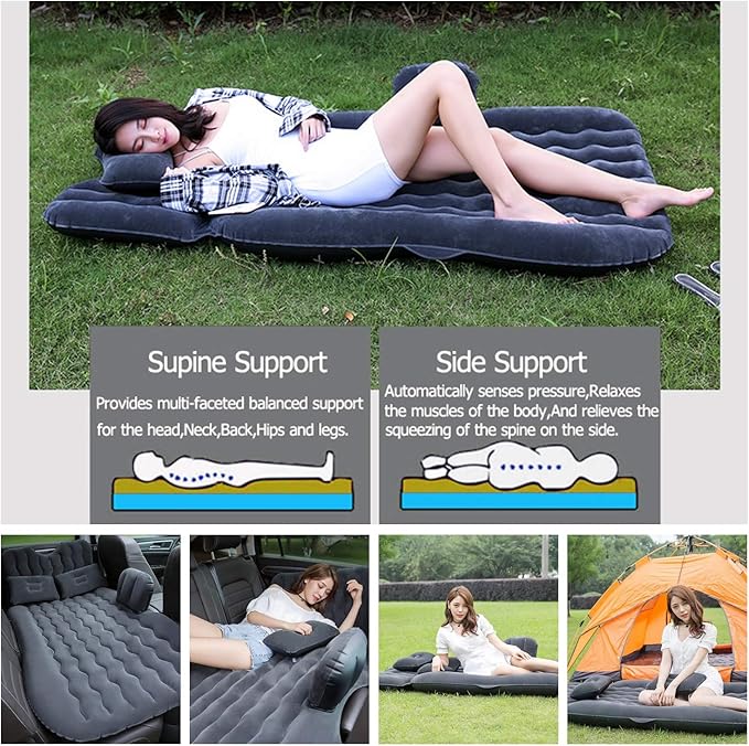 Inflatable Car Air Mattress Back Seat Bed with Air PumpPortable Thickened Car Travel Camping Sleeping Air Mattress Blow Up Bed for Car Universal SUV