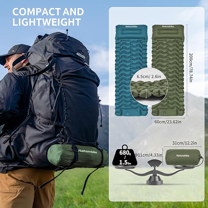 Naturehike Camping Sleeping Pad Ultralight Inflatable Sleeping Mat with Pillow Built-in Pump 2.6 Inch Lightweight Air Mattress for Backpacking Hiking Traveling
