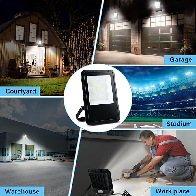 Simple Deluxe 2 Pack 100W Flood Lights Outdoor 10000LM Daylight White LED Work Light with Plug IP65 Waterproof 6500K Floodlight for Garage Yard Lawn
