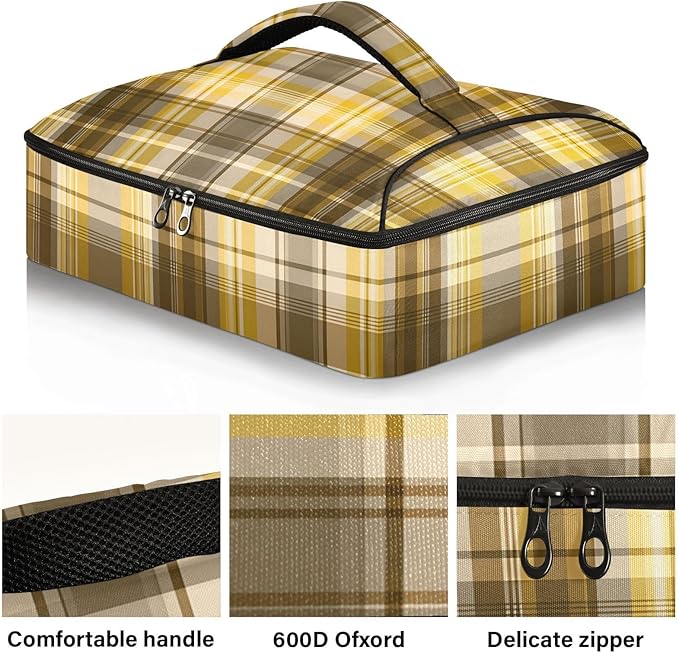 Casserole Carrier Yellow Brown Tartan Print Insulated Casserole Carrier for Hot or Cold Food Thermal Lunch Tote for Parties Picnic Travel Carry Bag