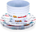 Camco Life is Better at the Campsite Dishware Set | Includes (4) large dinner plates (4) small salad plates and (4) bowls | Top rack dishwasher safe | Multi-color RV and truck design (53295)
