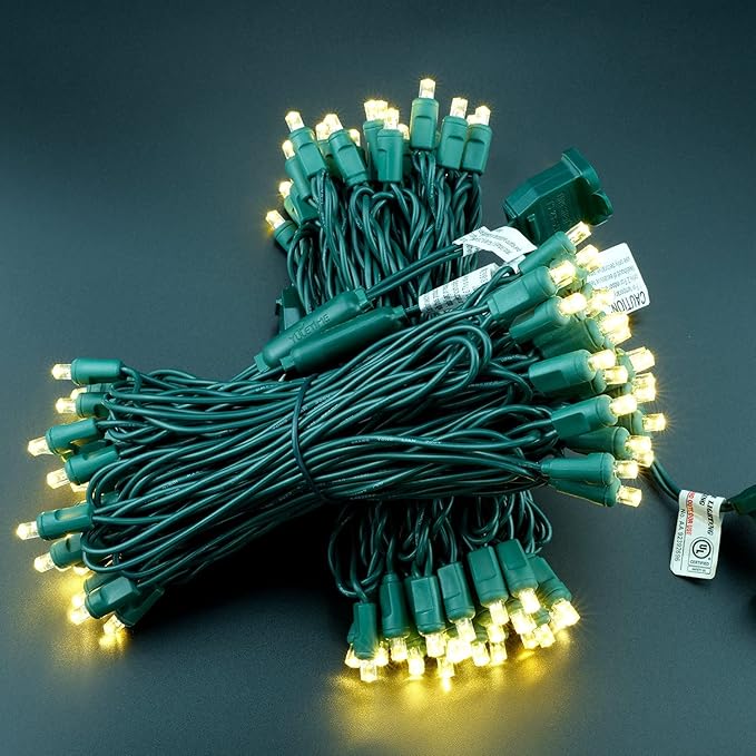 YULETIME Warm White 5MM LED Christmas Lights 50 ft 100 Count 6 Spacing One-Piece High Waterproof Wide Angle UL Certified String Light (6“ Warm White - Green Wire)