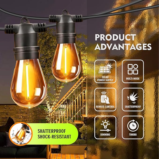 Outdoor Solar String Lights 49FT 15 Shatterproof &amp Waterproof LED Patio Lights with Remote Dimmable &amp Timer Functions 2700K Warm White Commercial Grade Decorative Hanging Lights