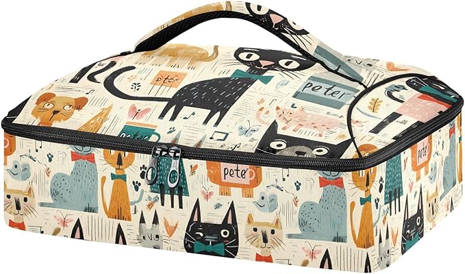 Casserole Carrier Colorful CatsInsulated Casserole Carrier for Hot or Cold Food Thermal Lunch Tote for Potluck Parties Picnic Beach Fits 9 x 13 Inches Baking Dish