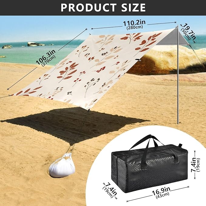 Bolaz Beach Canopy Tent Sun Shade9'×10.5' Large Family Beach Shade UPF50+- Outdoor Shade for Camping Trips FishingRetro Red Off-White Maple Leaf Pattern