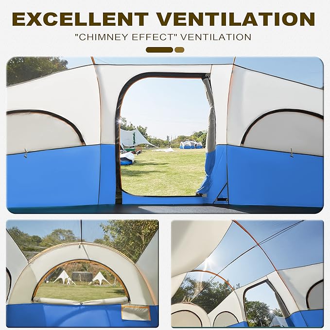 8 Person Tent for Camping Waterproof Windproof Family Tent with Rainfly Divided Curtain Design for Privacy Space Portable with Carry Bag